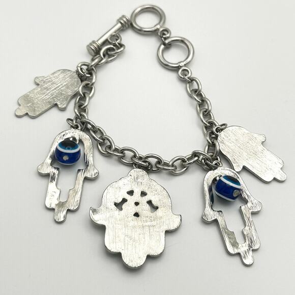 Hamsa Hand Of Fatima Silver Blue Charm Bracelet Evil Eye Protection Silver Tone - Picture 3 of 4